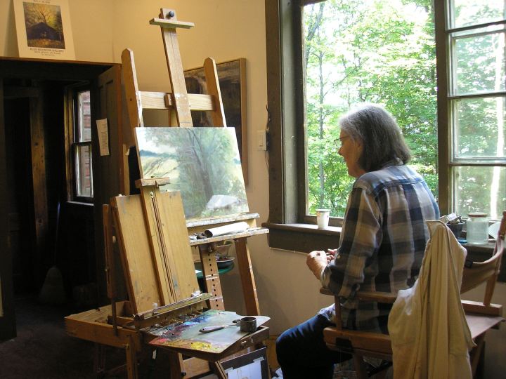 Artist Margaret Leveson in her studio in the Catskills 