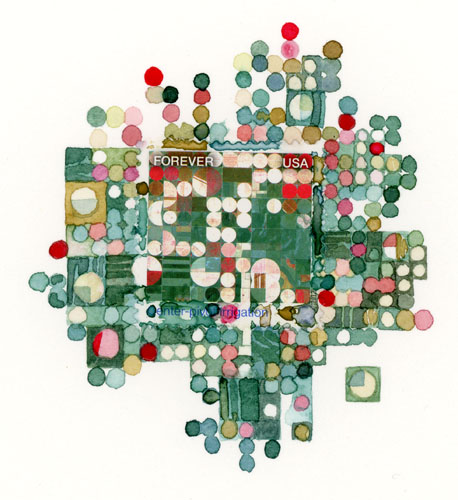 Crop Circles, 3" x 2 3/4", watercolor, gouache, postage stamp, 2015 by Molly Rausch