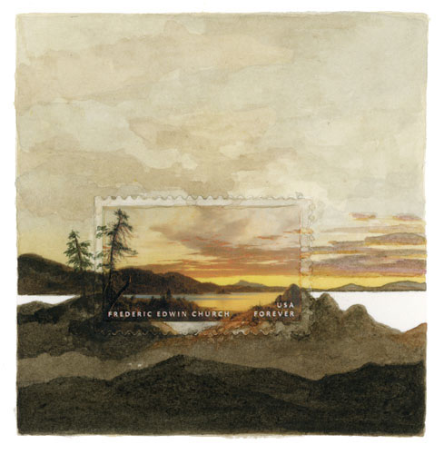  Hudson River Church School 3, 3 x 3", watercolor, gouache, postage stamp, 2015 by Molly Rausch