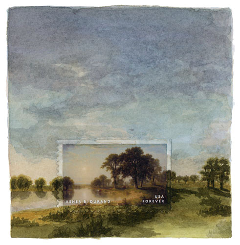 Mister Durand, 3 1/8" x 3", watercolor, gouache, postage stamp, 2015 by Molly Rausch
