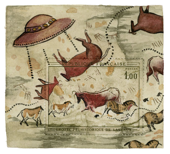 The Oldest Story In The World, 3 x 3 3/8", watercolor, gouache, postage stamp, 2015 by Molly Rausch
