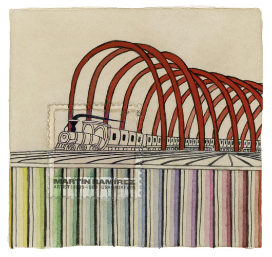 Ramirez Train, 3 1/8" x 3 3/8", watercolor, gouache, postage stamp, 2015 by Molly Rausch