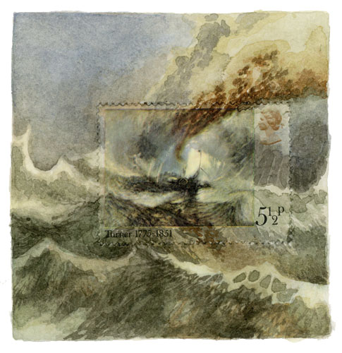 Turner Ship, 2 3/4" x 2 5/8", watercolor, gouache, postage stamp, 2015 by Molly Rausch